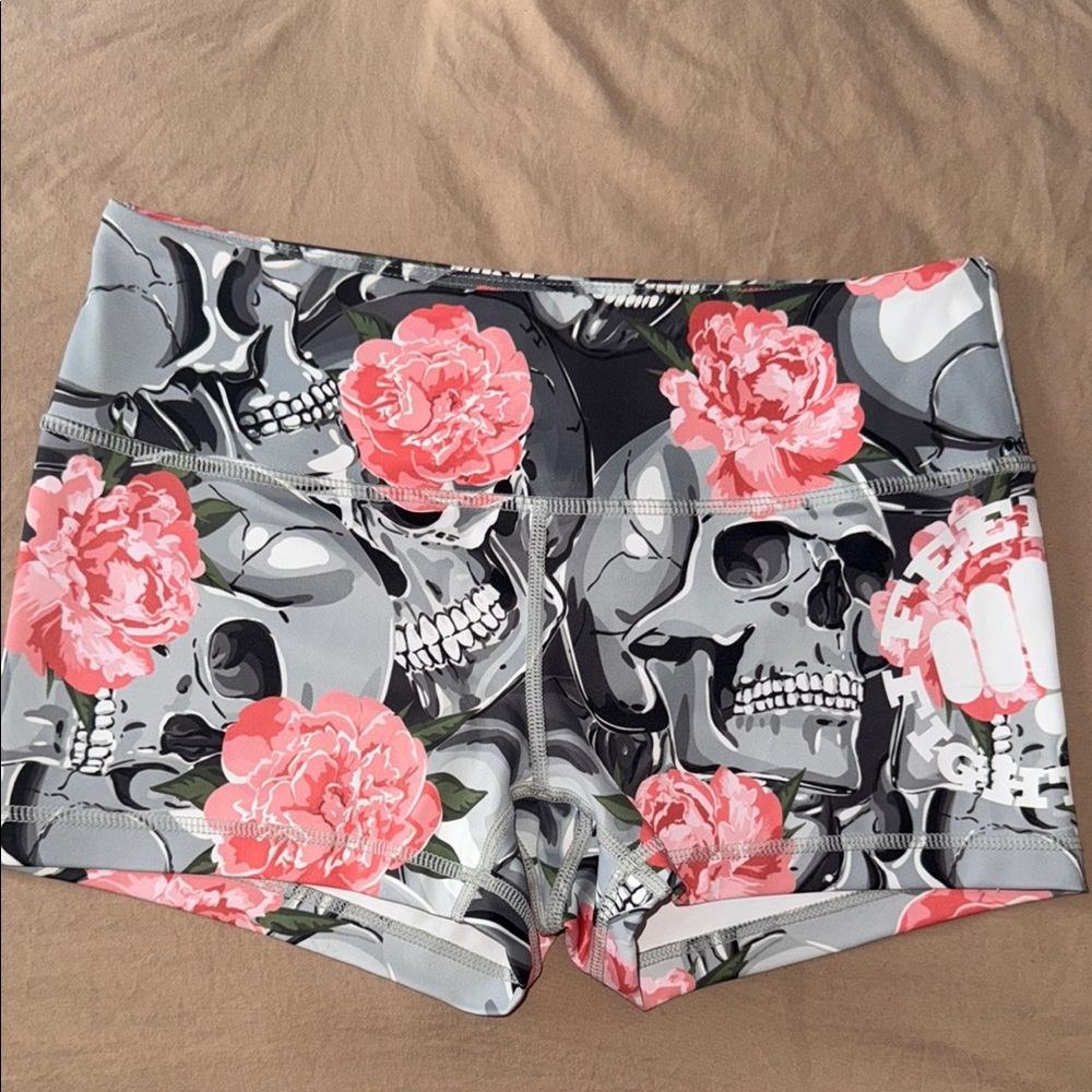 Feed Me Fight Me Women's Skull & Pink Floral Athletic Shorts